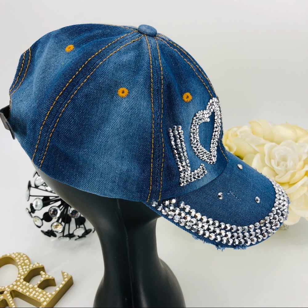 Denim Love Rhinestone Baseball Cap Hat - Picture 5 of 6